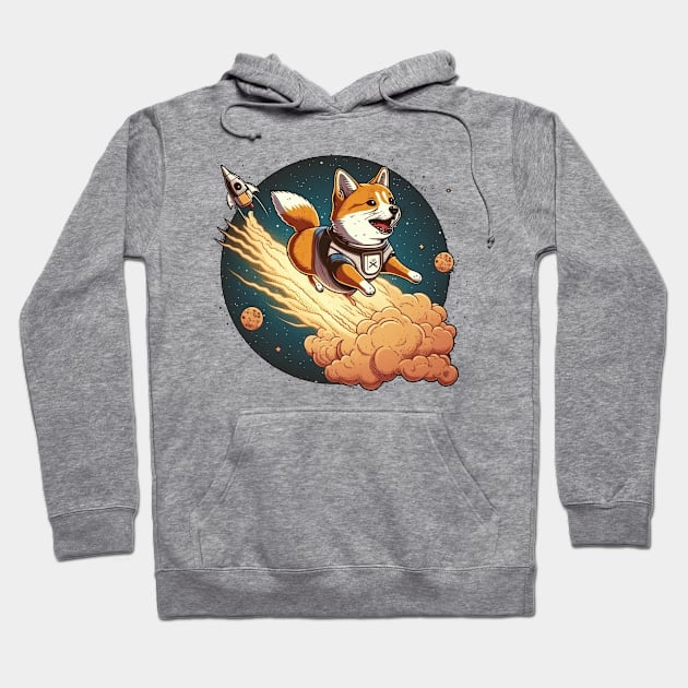 shiba inu flying into space with a rocket Hoodie by bmron